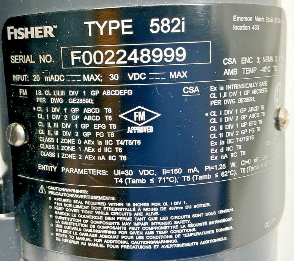 New Fisher 3582i Pneumatic Valve Positioner / Converter 3-15PSI 30V 582i -No Box