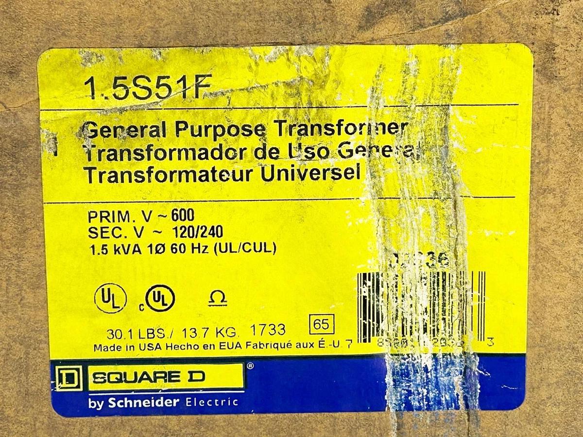 New Square D 1.5S51F Transformer 600V 1.5KVA 60Hz General Purpose
