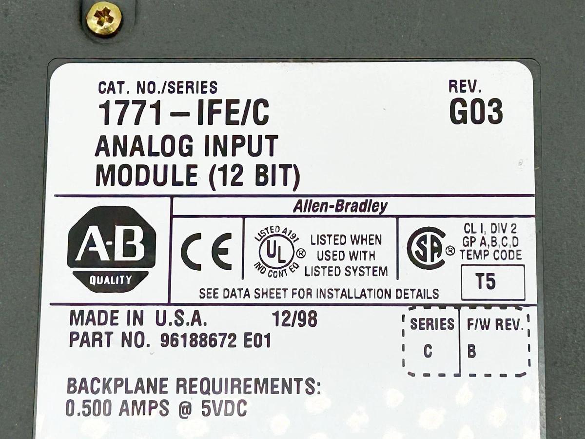 Used Allen Bradley 1771-IFE/C Analog Input Module PLC-5 12Bit 750MA 5VDC Series.C