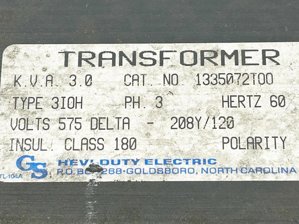 Used Hevi Duty 1335072TOO Transformer 3PH Delta 575V 208T/120 60Hz KVA3.0