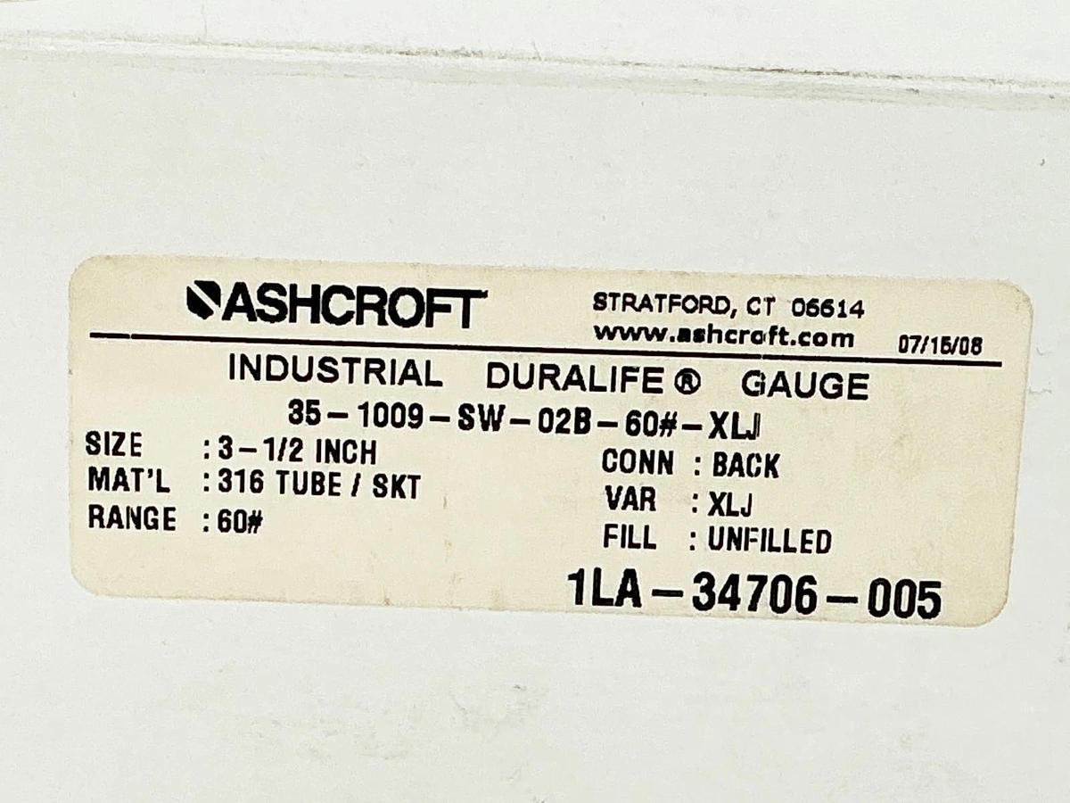 New Ashcroft 35-1009-SW-02B-60#-XLJ Pressure Gauge 3-1/2" 60PSI 316 Tube