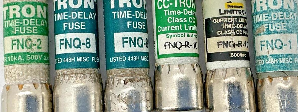 Lot of 6 New Assorted Bussmann FNQ Time-Delay Fuses 1, 2, 8 & R-10