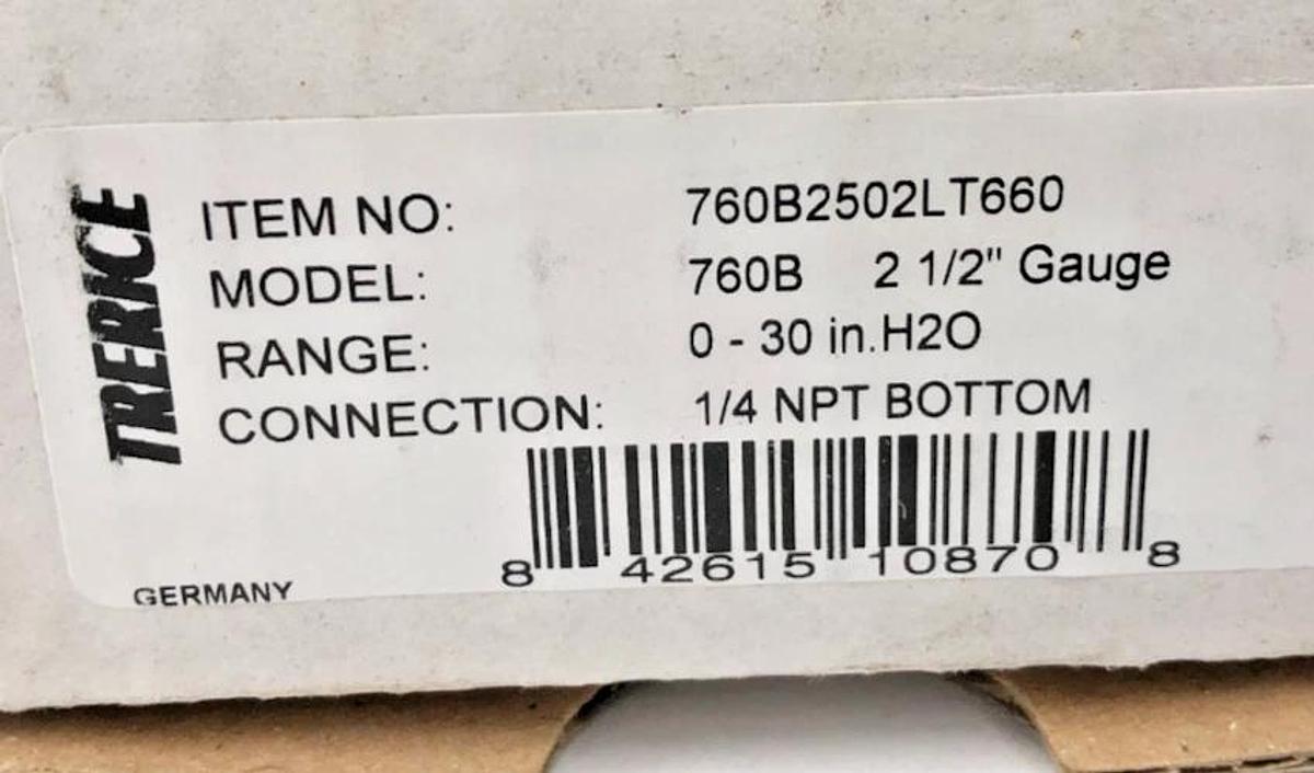 New Trerice 760B2502LT660 Gauge 760B 2-1/2" 0-30 in. H2O 1/4" NPT Bottom