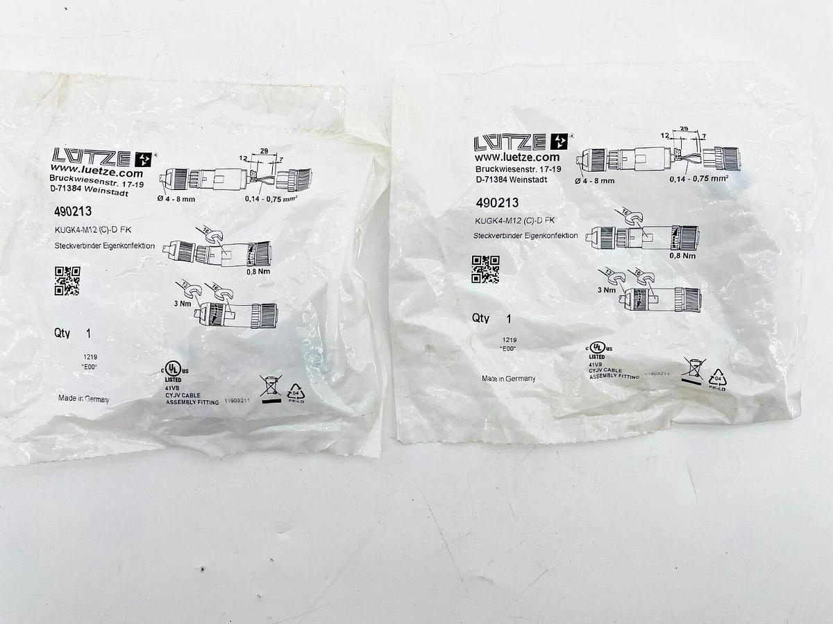 Lot of 2 New Lutze 490213 M12 Connector Female Straight KUGK4-M12 (C)-D FK