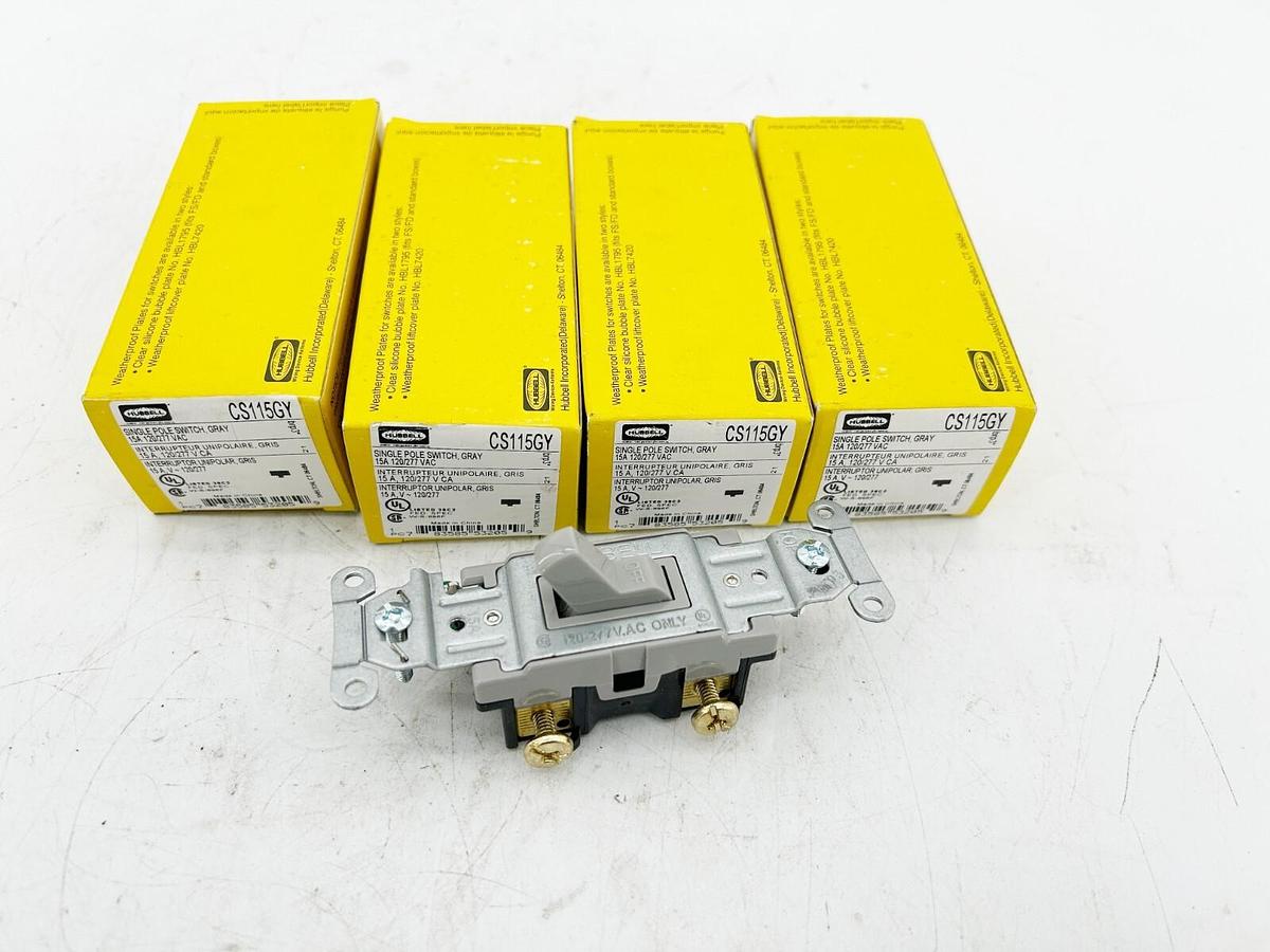 New Lot of 4 Hubbell CS115GY Single Pole Switch Gray 15A 120/277Vac