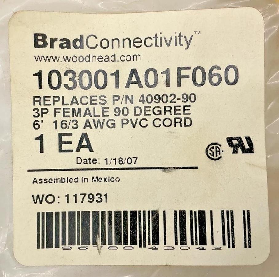 New Brad Connectivity 103001A01F060 Cordset Female 3-Pin 3-Wire 90 Degree 16AWG