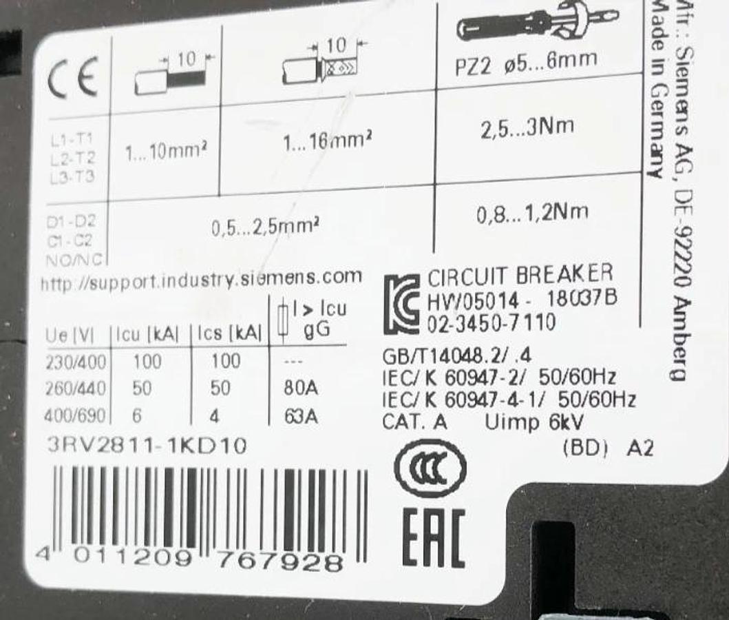 New Siemens 3RV2811-1KD10 Motor Protection Circuit Breaker 690V 12.5A - No Box