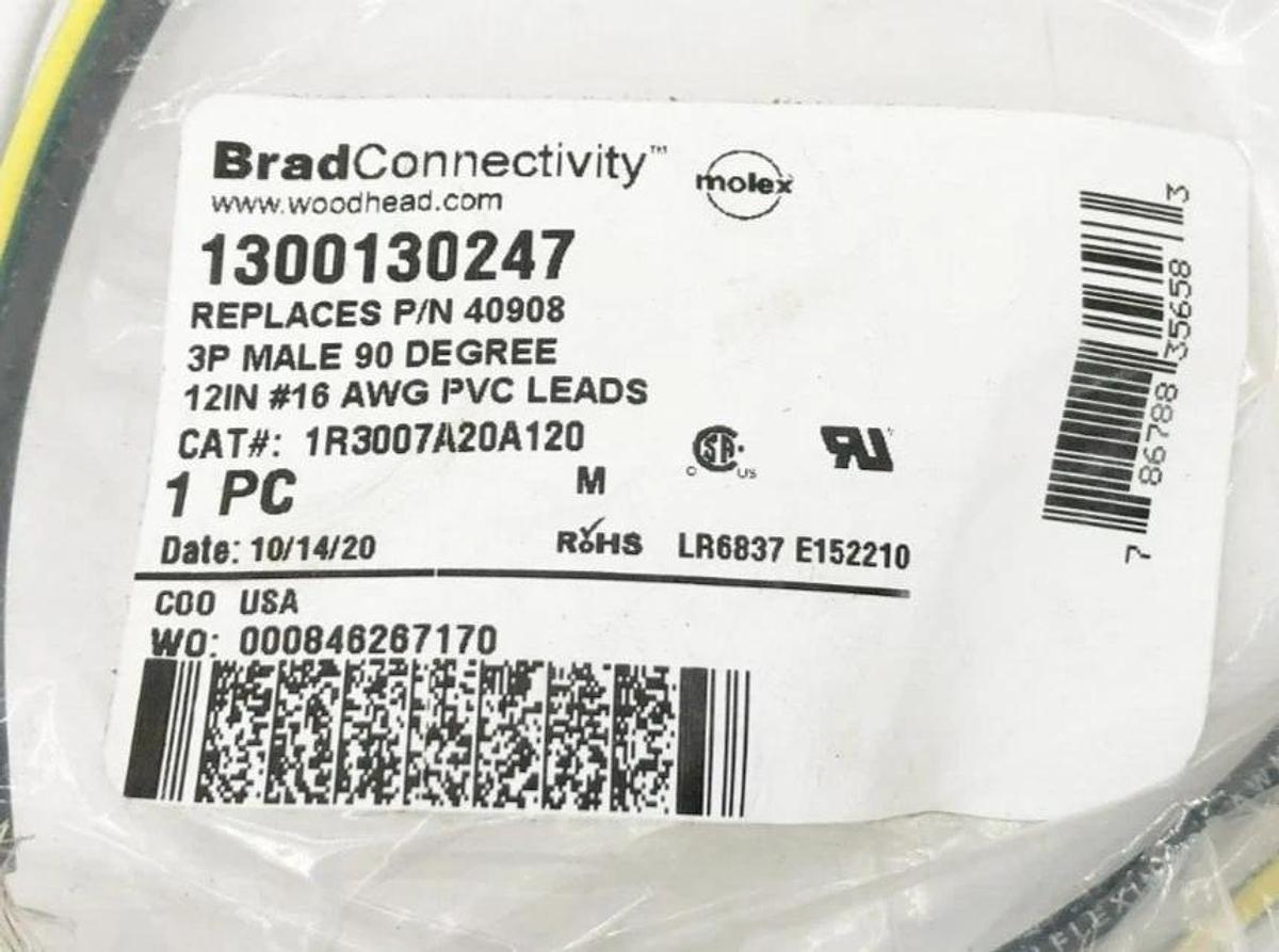 New Brad Connectivity 1300130247 Receptacle 3P Male 90° 12" 16 AWG