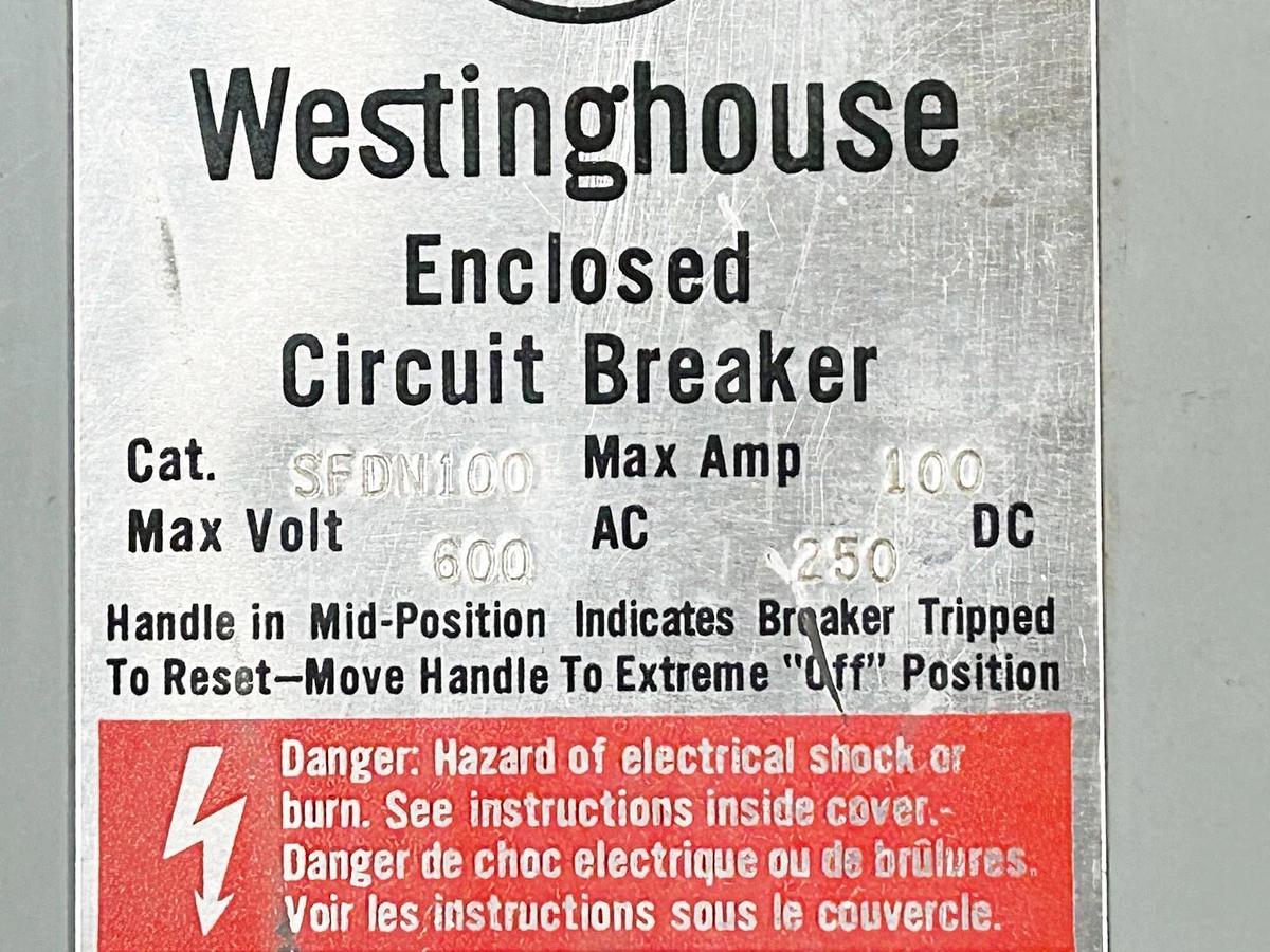 Used Westinghouse SFDN100 Circuit Breaker Enclosure 15-100A 600V Nema 1