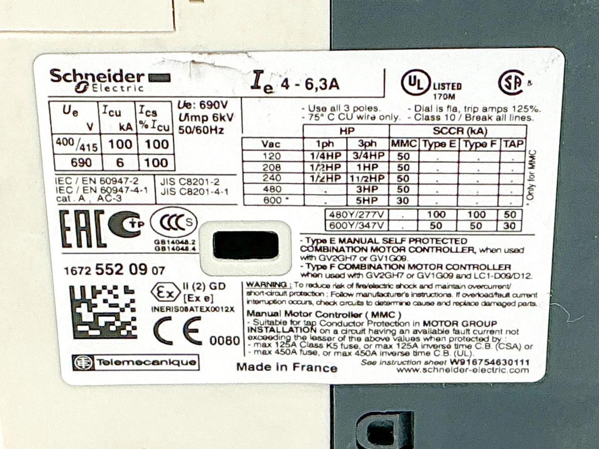 New Schneider GV2P10 Circuit Breaker Manual Starter 690V 3P 021348 - No Box