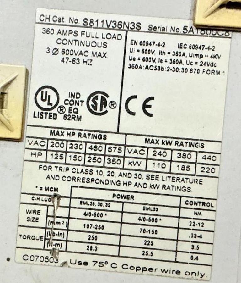 Used Eaton Cutler-Hammer S811V36N3S Starter 3P 360A 600VAC 47-63HZ S811+V36N3S