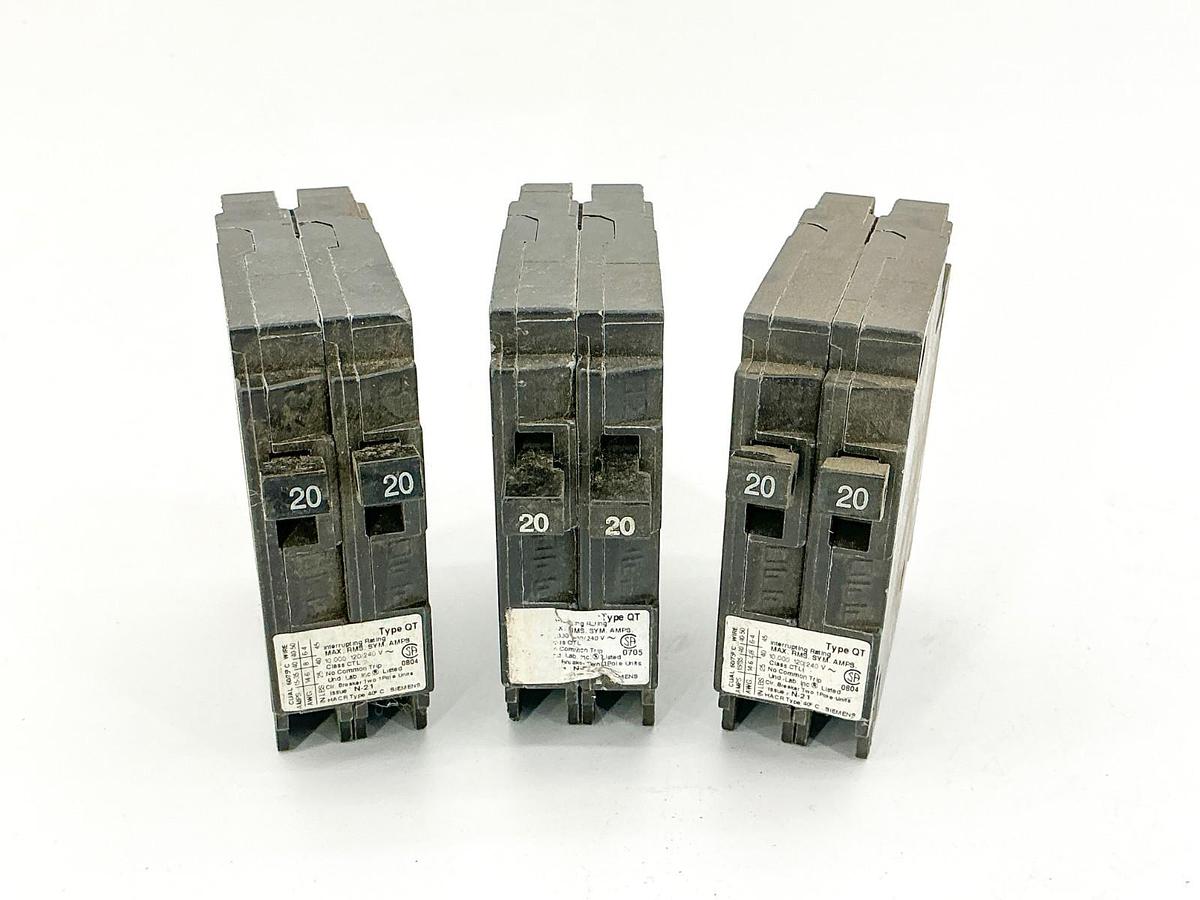 Used Lot of 3 Siemens Q2020 Tandem Circuit Breaker 20A 240V 1P 60Hz