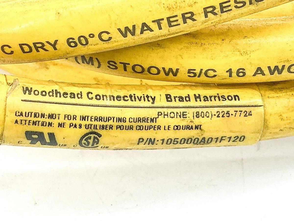 New Woodhead 105000A01F120 Cordset 600V 8A 5Wire Yellow - No Box