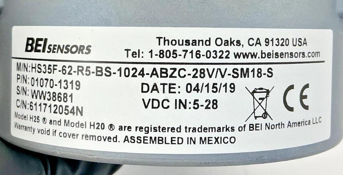 New BEI Sensors 01070-1319 Encoder HS35F-62-R5-BS-1024-ABZC-28V/V-SM18-S No Box