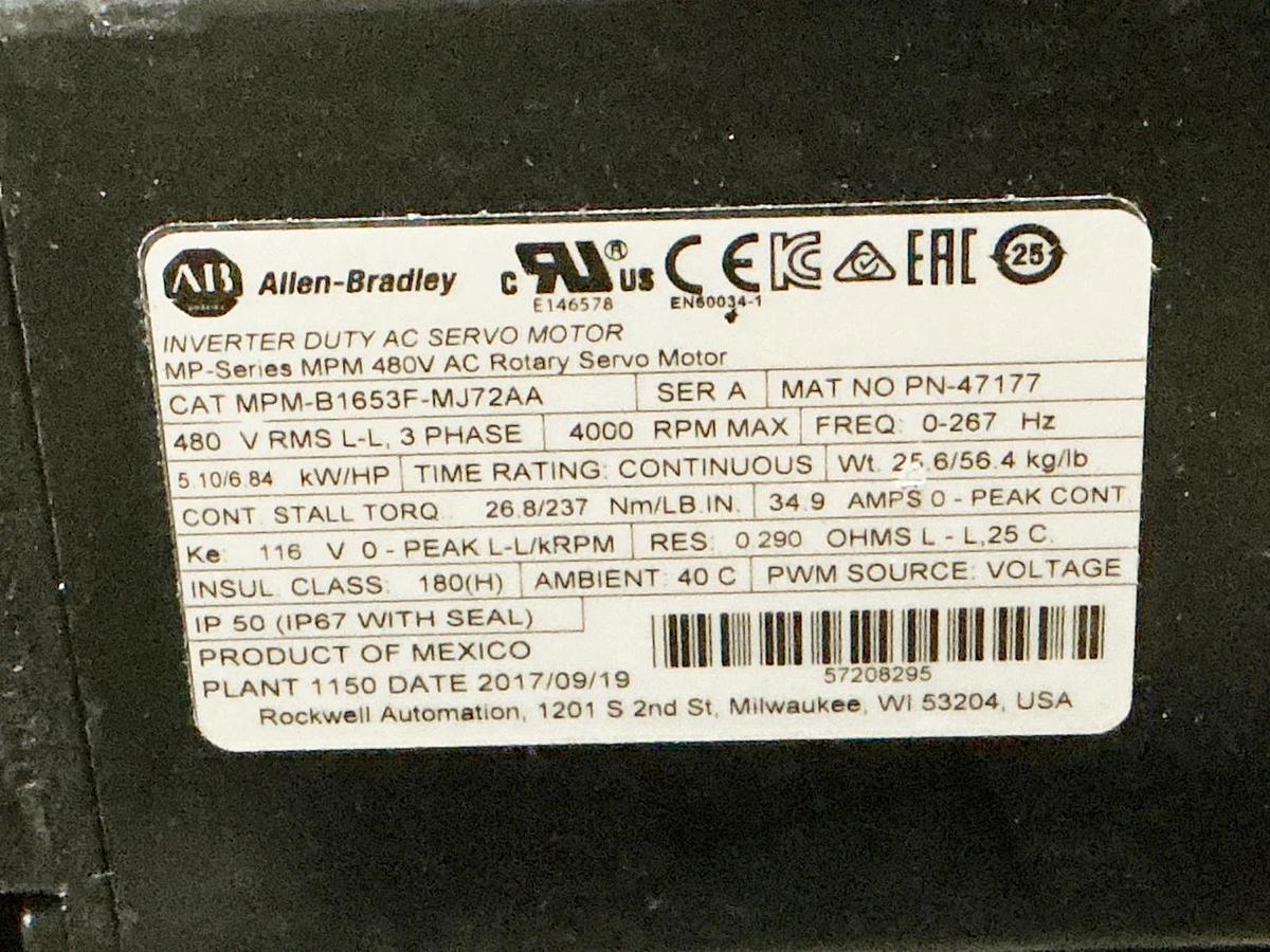 New Allen Bradley MPM-B1653F-MJ72AA AC Servo Motor 480V 4000RPM 3PH 34.9A Ser.A