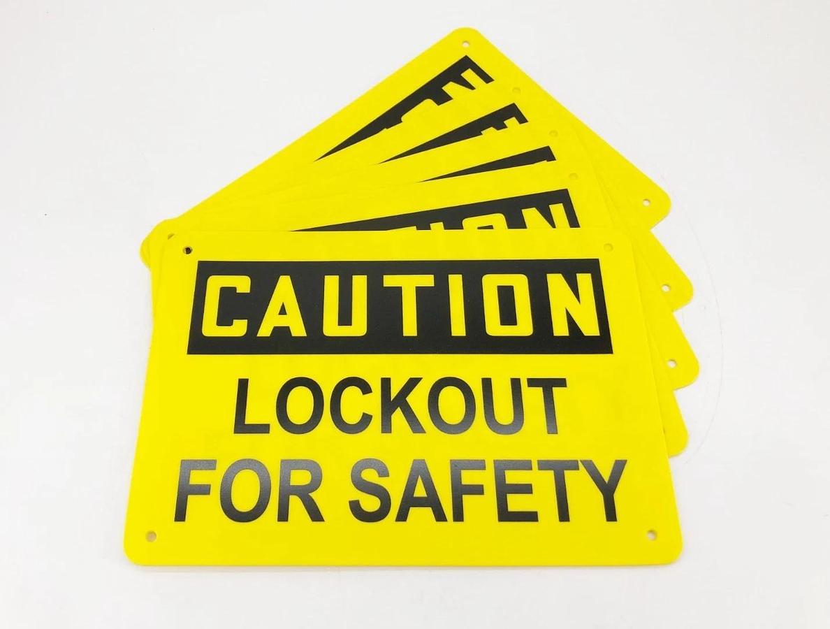 Lot of 5 New Caution Lockout For Safety Signs 7" x 10" Plastic - No Box