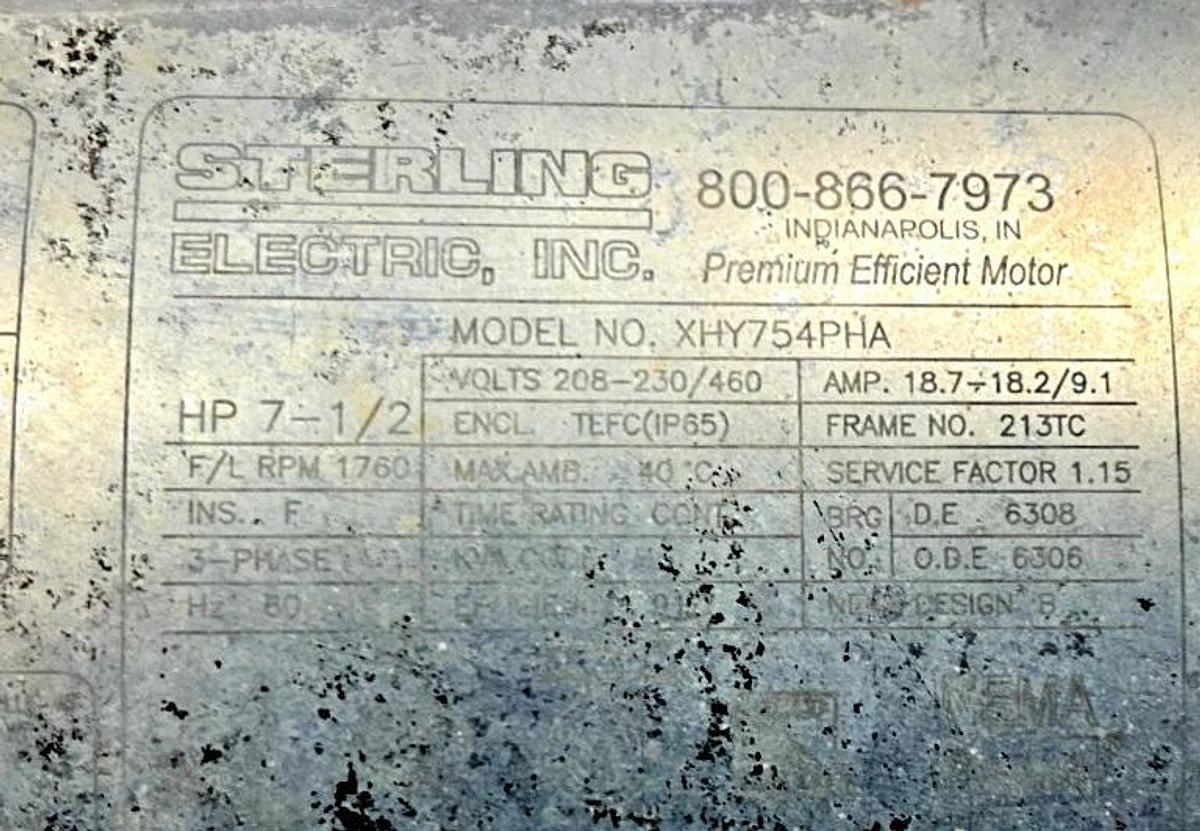 Used Sterling XHY754PHA Motor 7-1/2 HP 3PH 208-230/460V 1760rpm