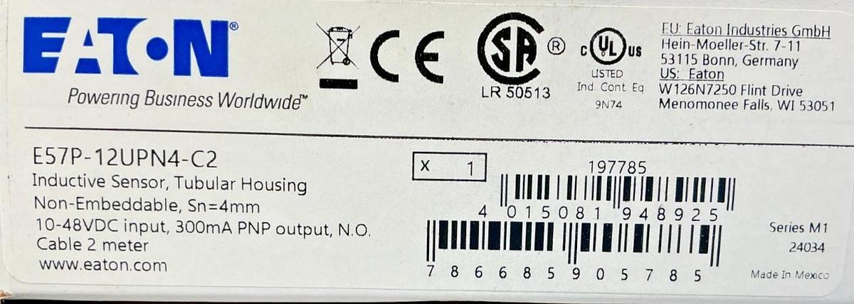 New Eaton E57P-12UPN4-C2 Ser M1 Inductive Sensor 3-Wire 10-48VDC NO Cable 2meter