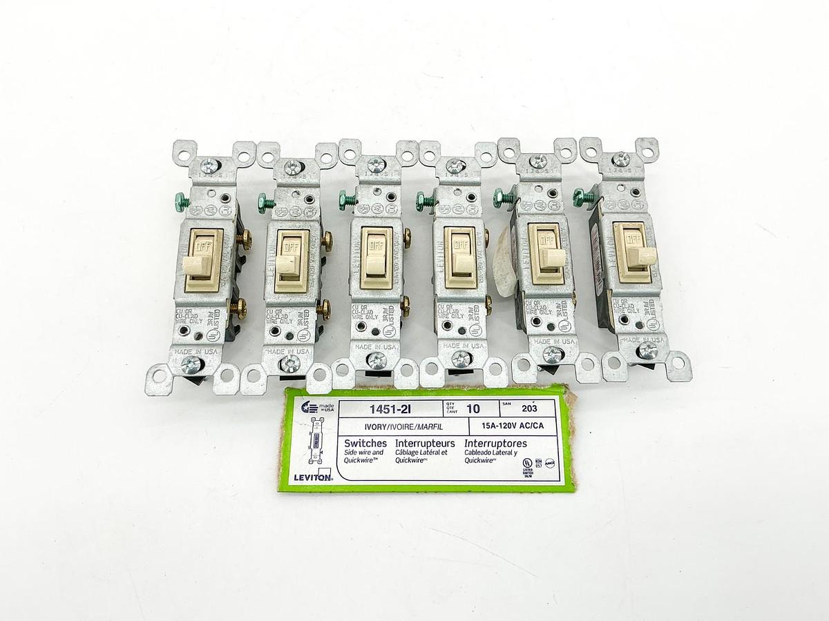 New Lot of 6 Leviton 1451-2I Toggle Switch 15A 120V Grounding - No Box