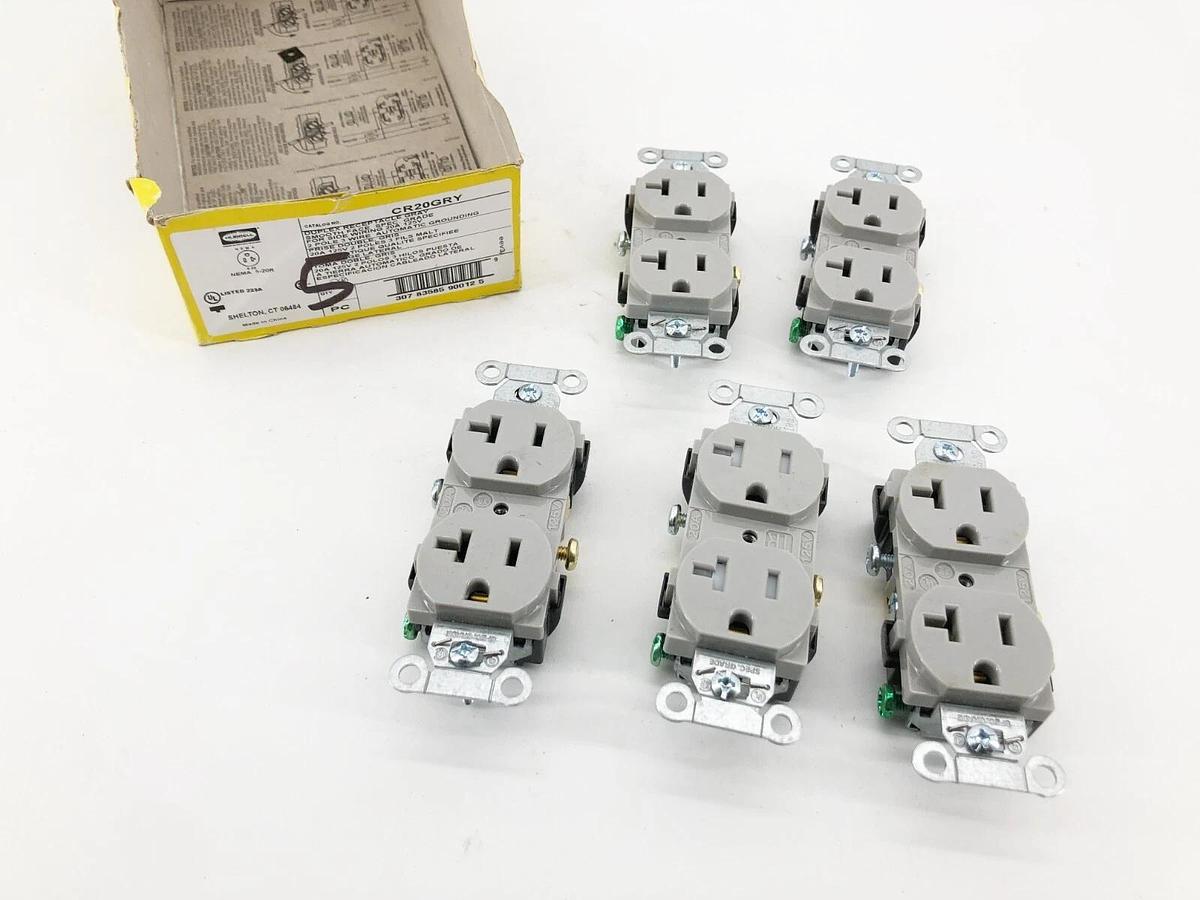 Box of 5 New Hubbell CR20GRY Duplex Receptacles 20A 125V Gray