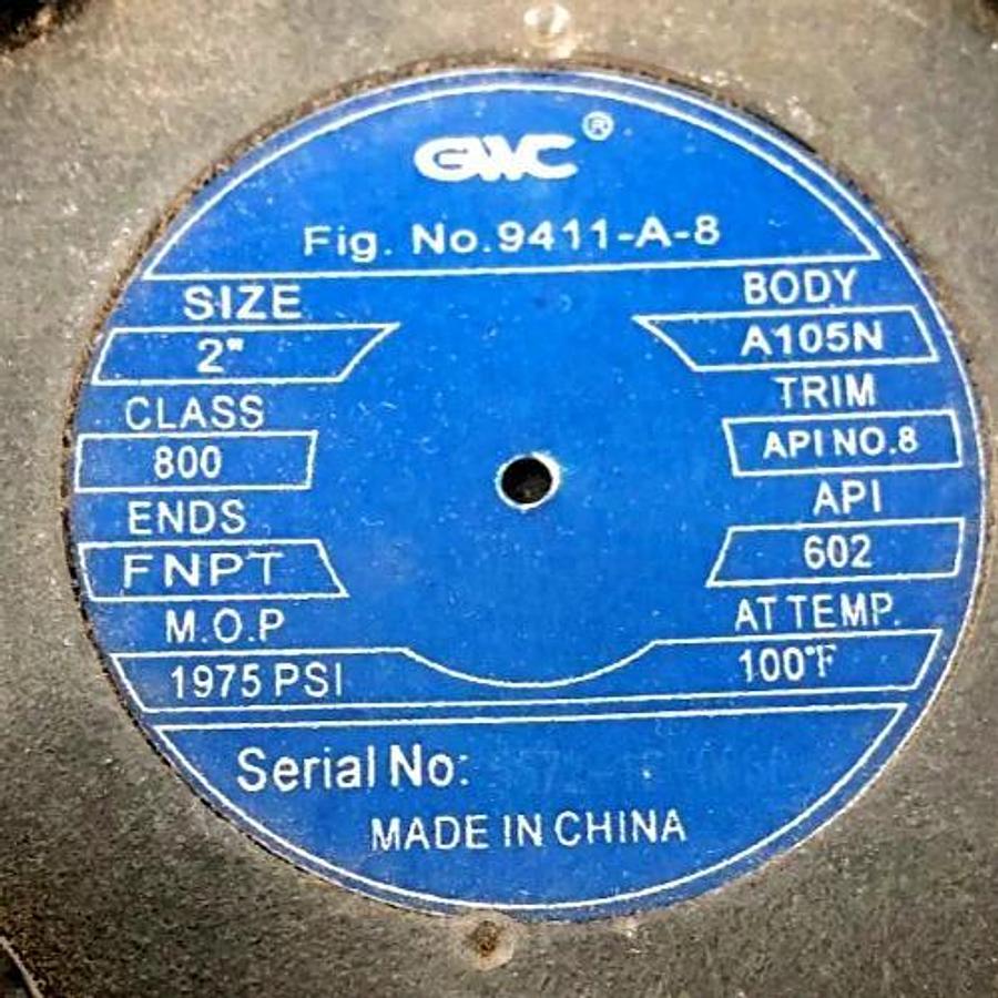 New GWC 9411-A-8 Valve 2" FNPT Class 800 1975psi - No Box