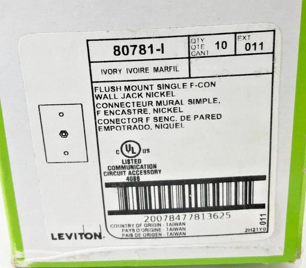 Box of 10 New Leviton 80781-I Ivory Coaxial Cable Wall Plates Video Jack F-Type