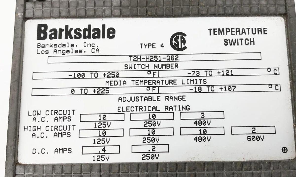 New Barksdale T2H-H251-Q62 Remote Mount Temperature Switch 0-225 F