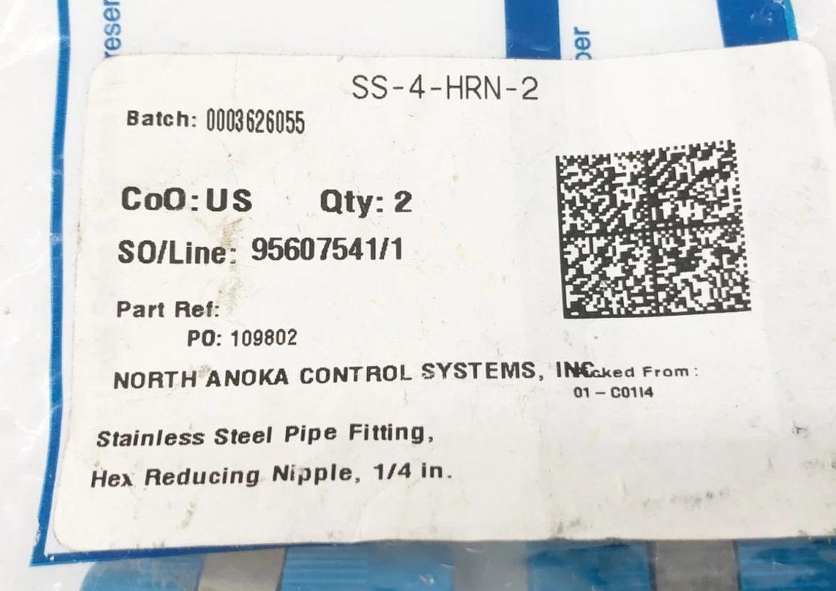 Lot of 4 New Swagelok SS-4-HRN-2 Hex Reducing Nipples 1/4" Stainless