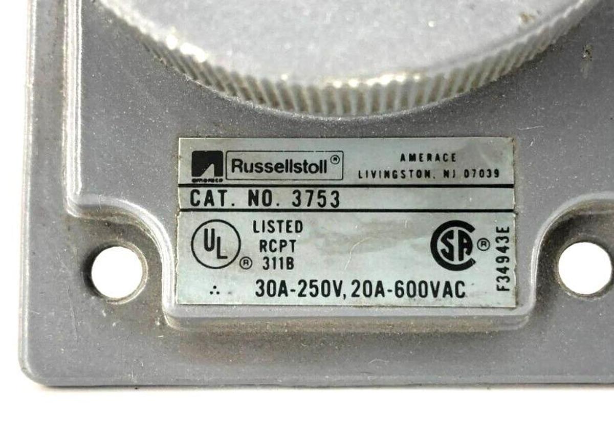 Used Russellstoll 3753 Receptacle 30A 250V 20A 600VAC
