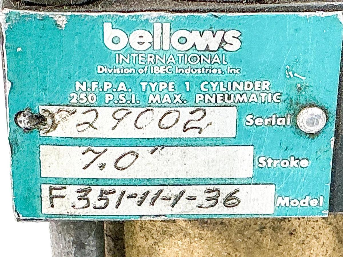 Used Schrader Bellows F351-11-1-36 Pneumatic Cylinder 7" Stroke