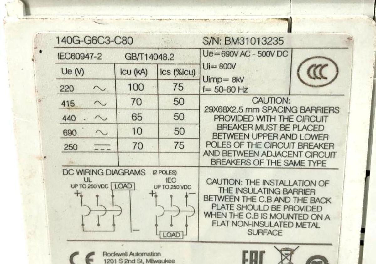 Used Allen Bradley 140G-G6C3-C80 Circuit Breaker 80A 3P 480V