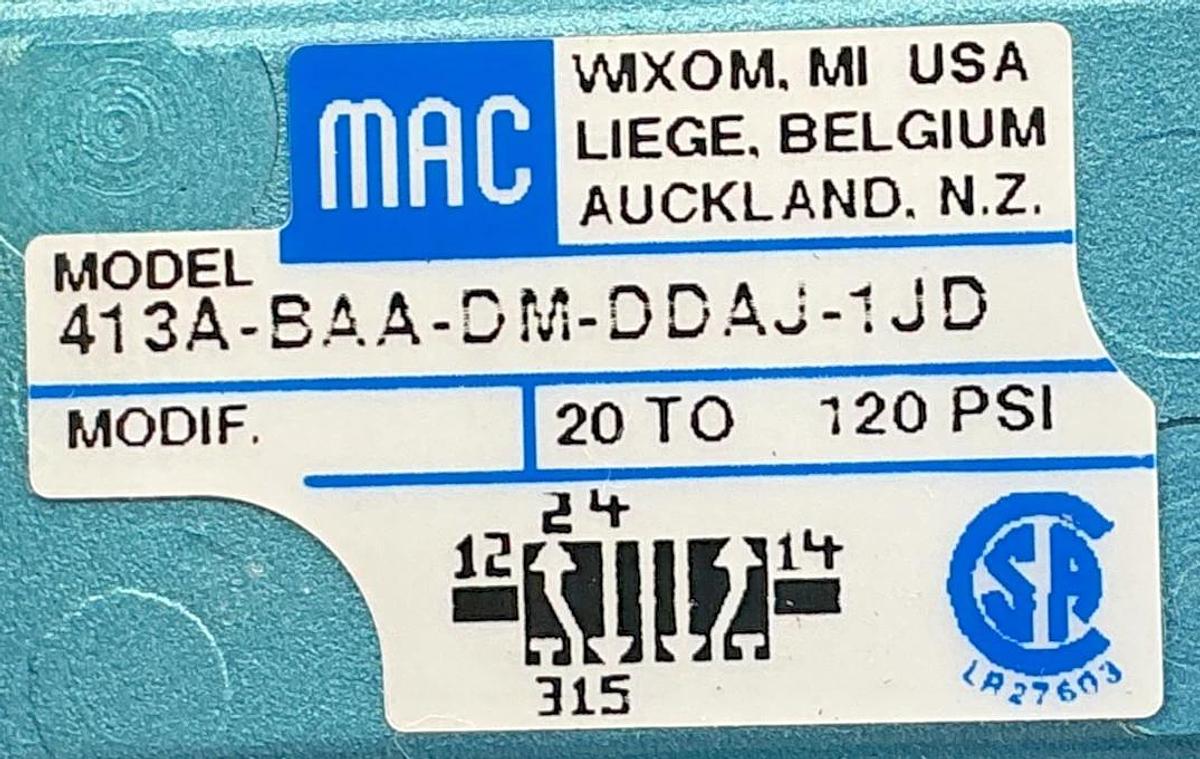 New MAC Valves 413A-BAA-DM-DDAJ-1JD Solenoid Valve 5.4Watts 120PSI 24VDC