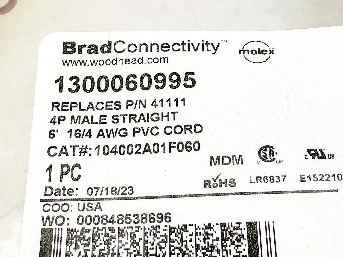 New Brad Connectivity 1300060995 Cordset 4P 6' 104002A01F060 41111