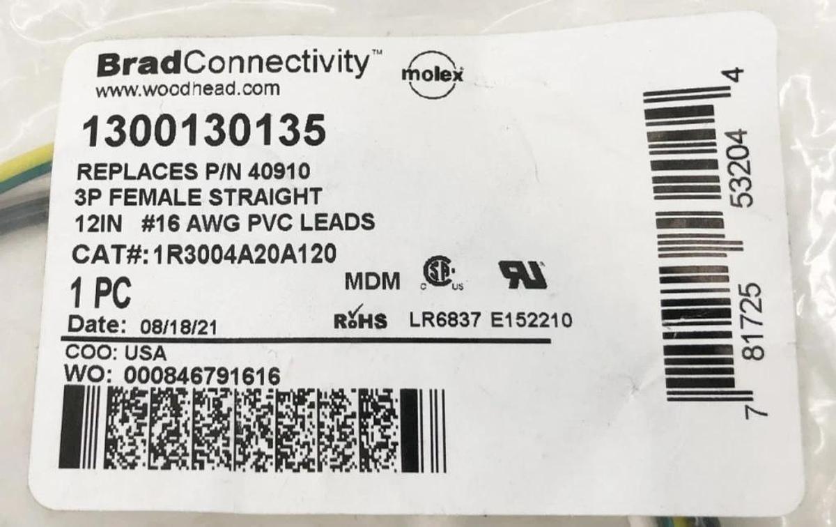 Lot of 2 New Brad Connectivity 1300130135 Receptacle 3P Female 12" #16AWG