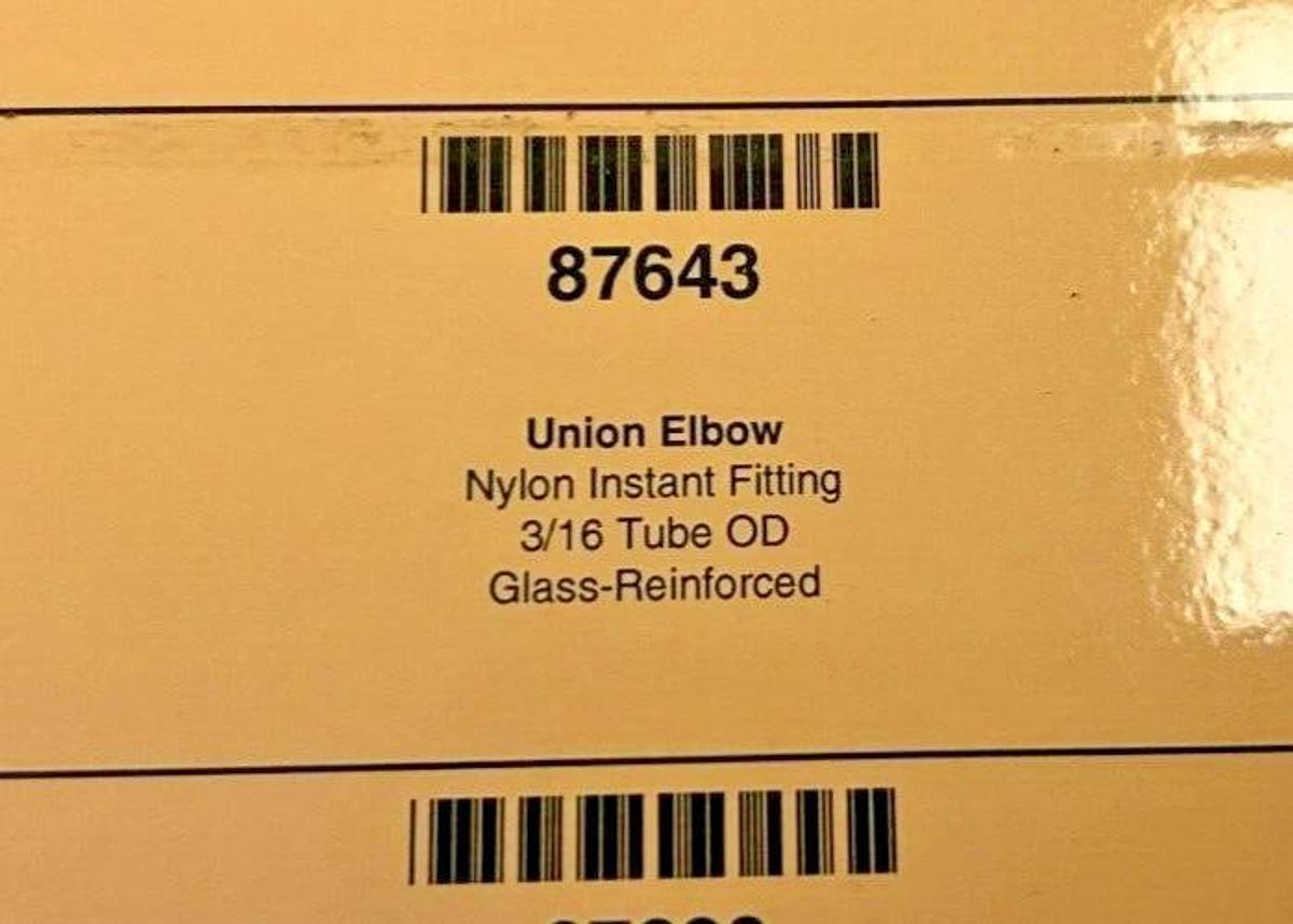 Lot of 3 New 87643 Union Elbows, 3/16" Tube OD, Glass Reinforced Nylon