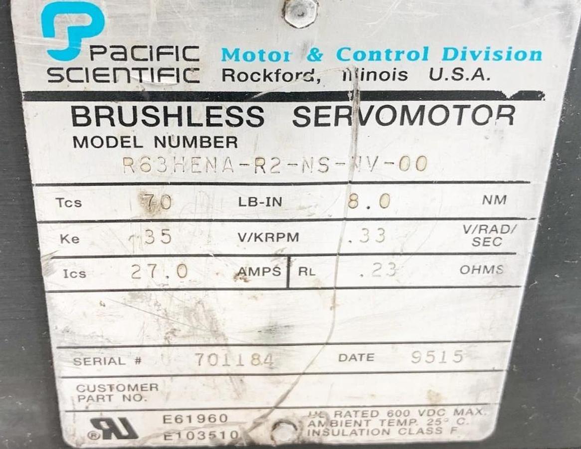 Used Pacific Scientific R63HENA-R2-NS-NV-00 Servomotor w/ Bayside PS142-010-010SH