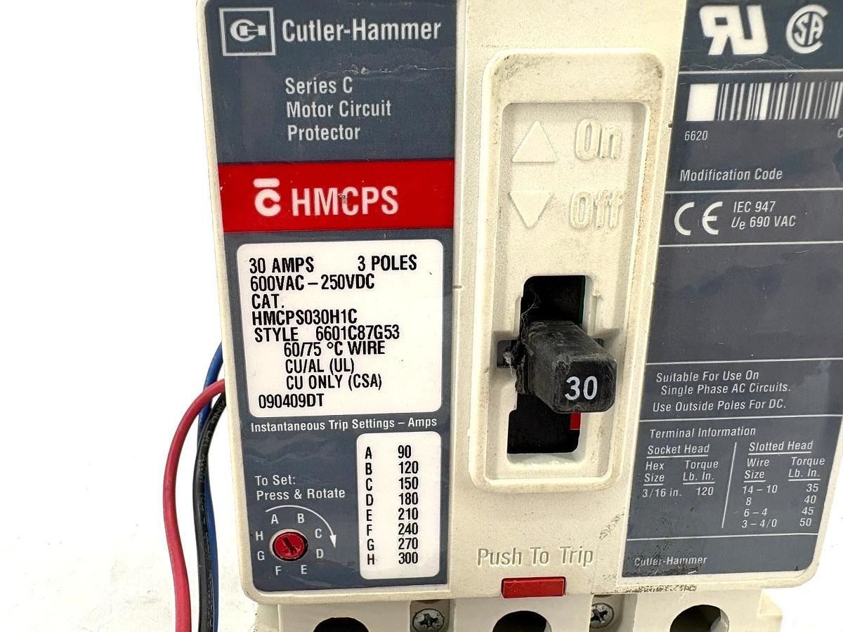 Used Cutler-Hammer HMCPS030H1C 30A Circuit Breaker w/ Aux. Switch 600VAC 3-Pole