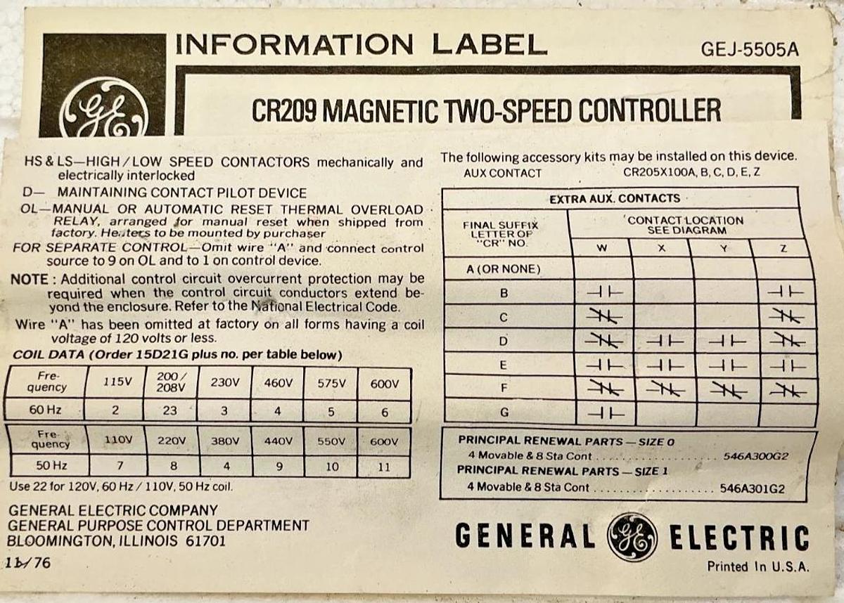 Used General Electric CR209C002AKA Magnetic 2-Speed Controller 110/120V 50/60HZ CR209