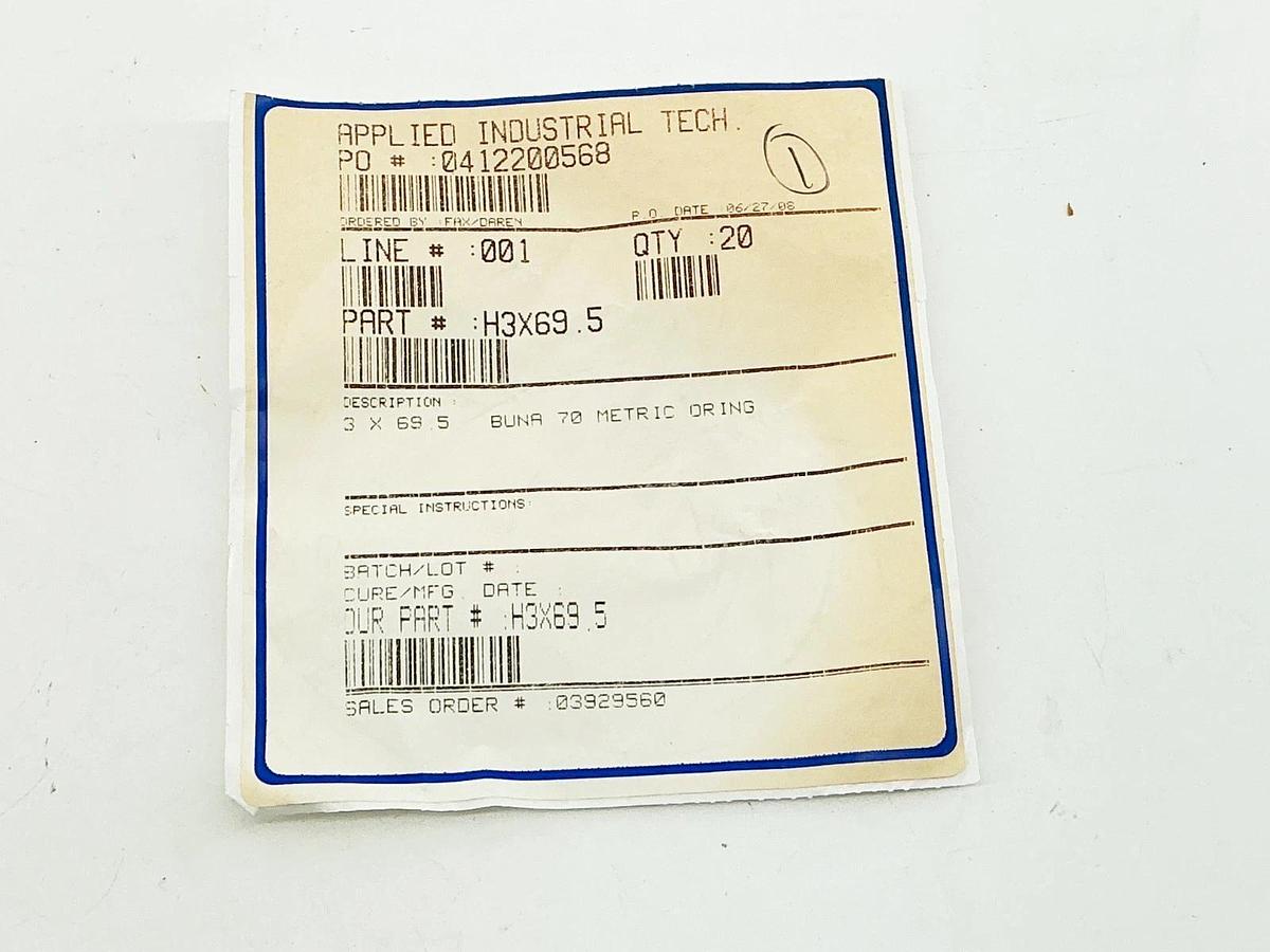 New Lot of 20 Applied Industrial Technologies H3X69.5 O-Ring 3X69.5 VUNA 70 Metr
