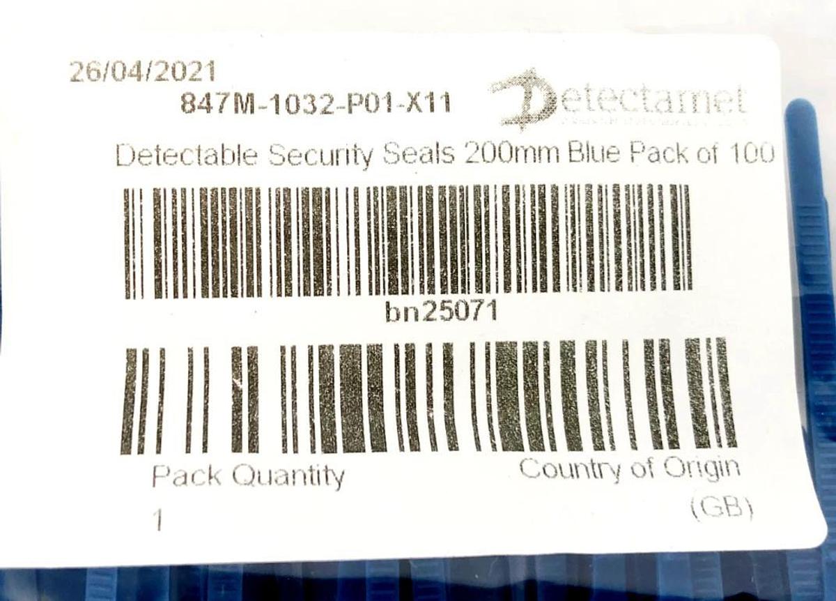 Bag of 100 New Detectamet 847M-1032-P01-X11 Blue Security Seals 200mm