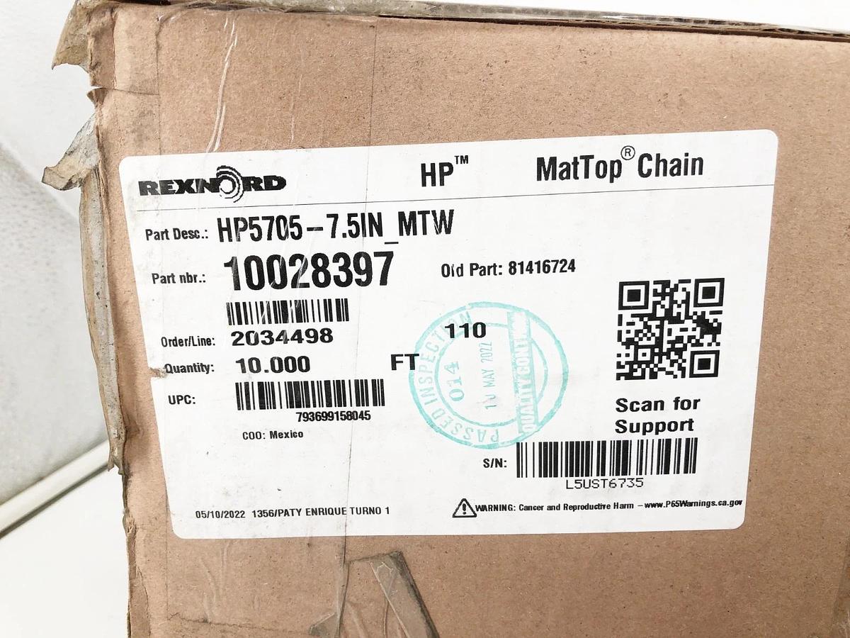 New Rexnord HP5705-7.5 MTW MatTop Chain 10 FT. 10028397 81416724