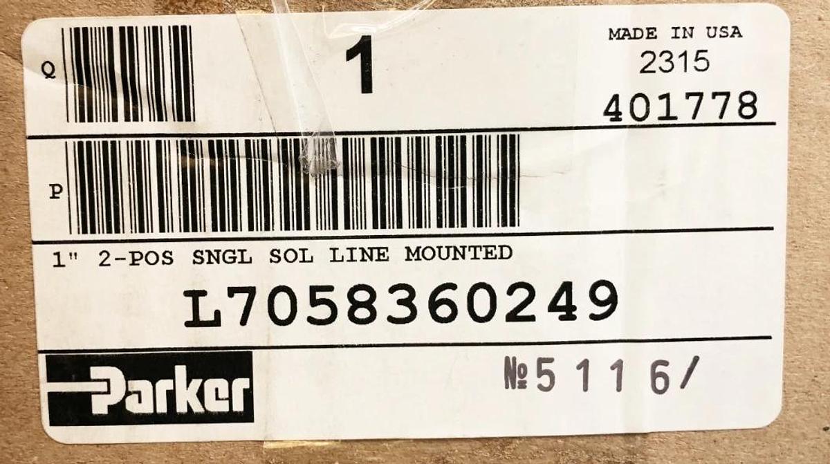 New Parker L7058360249 Solenoid Air Control Valve 24VDC 1" 2-Pos. K025303549