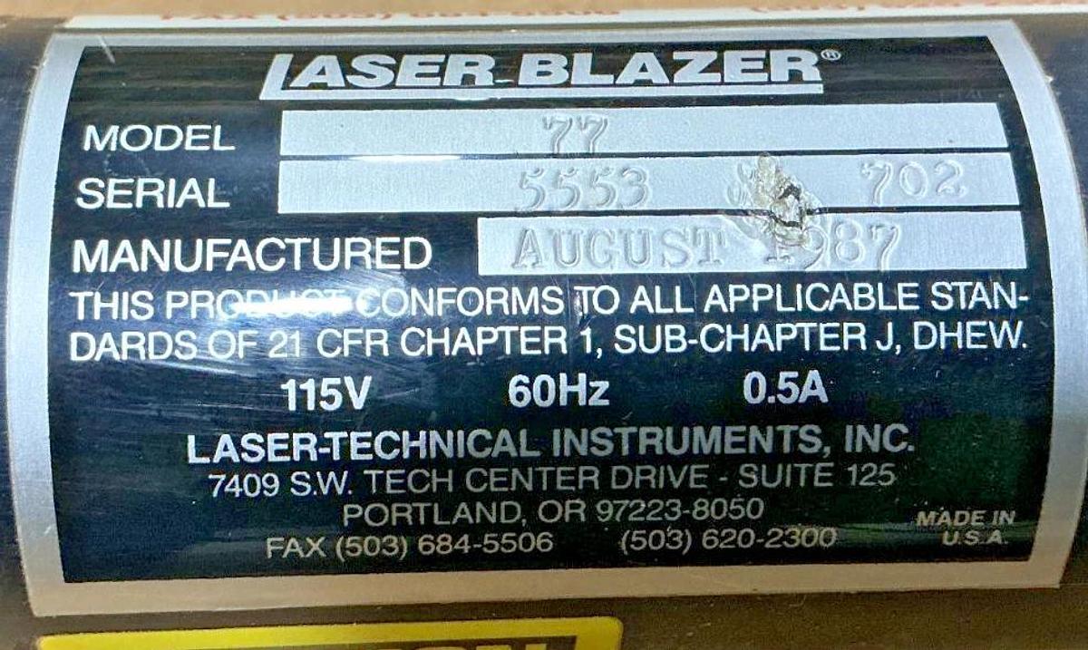 Used Laser Blazer 77 Helium Neon HeNe Laser 0.5A 115V 60HZ 5mW Max Power Output