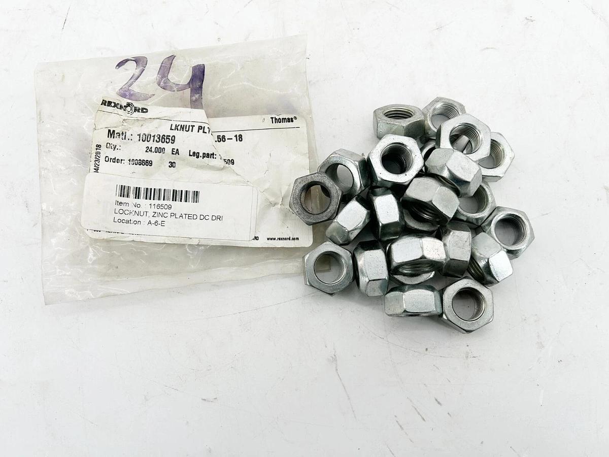 New Lot of 24 Rexnord 116509 LKNUT PLTZN .56-18 Nut Zinc Plated 10013659