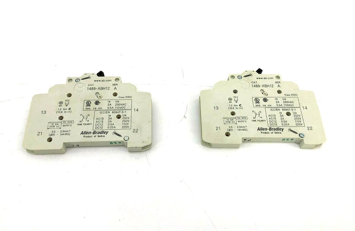 Lot of 2 New Allen-Bradley 1489-ABH12 Ser. A Auxiliary Switches 1-Pole 230VAC 2A
