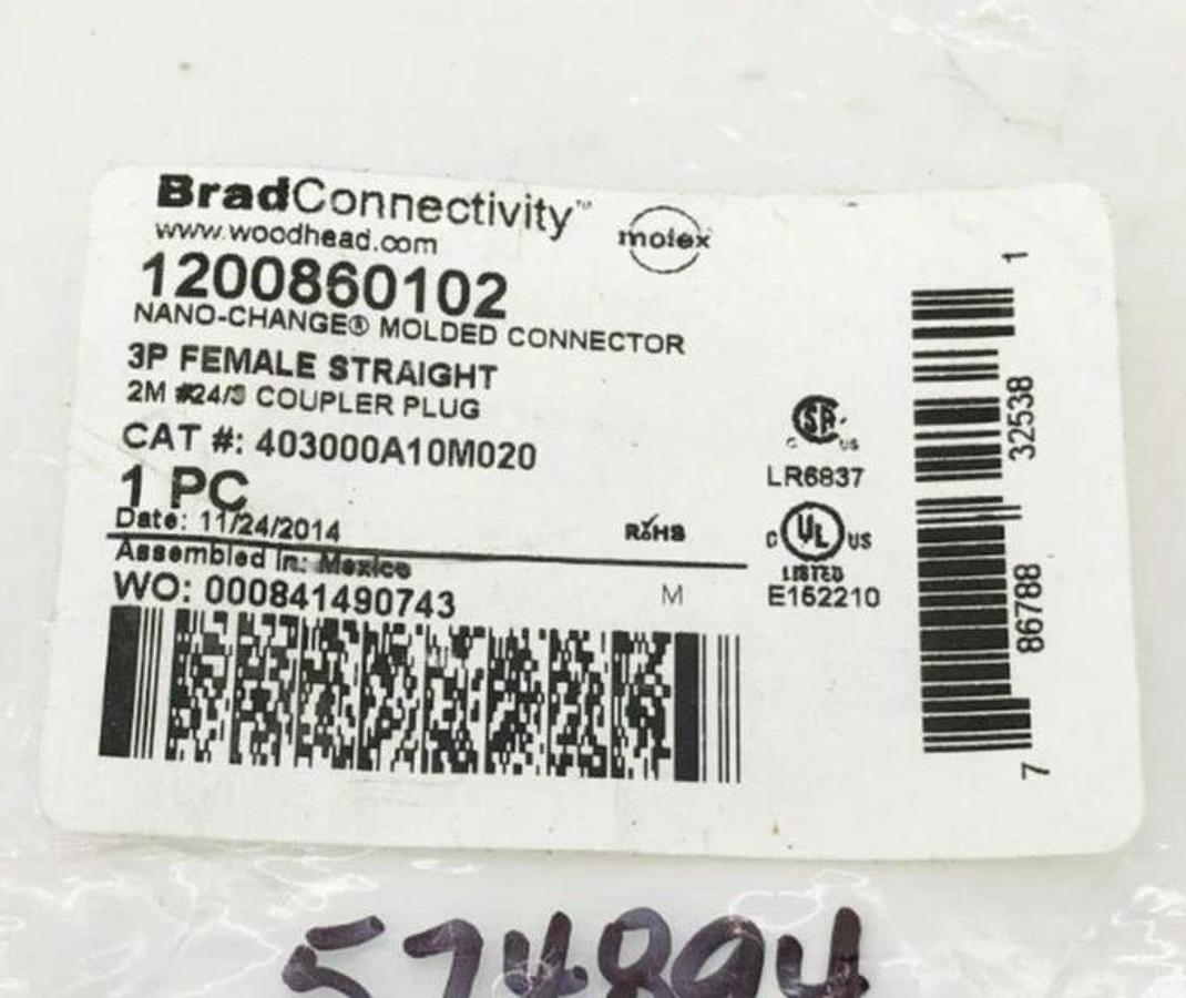 New Brad Connectivity 1200860102 Female Straight Connector 3-Pin 2M #24/3 AWG