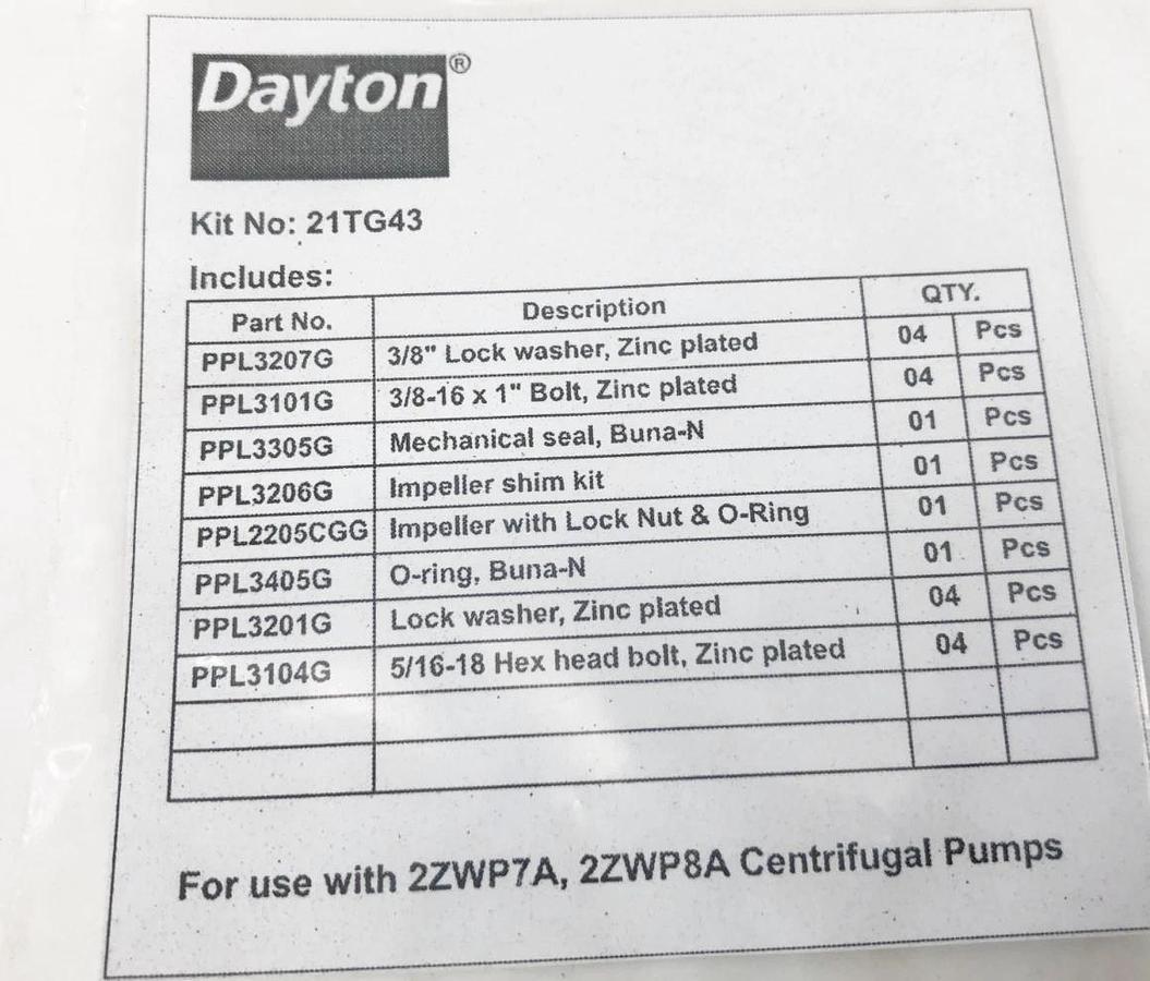New Dayton 21TG43 Centrifugal Pump Kit For 2ZWP7A 2ZWP8A