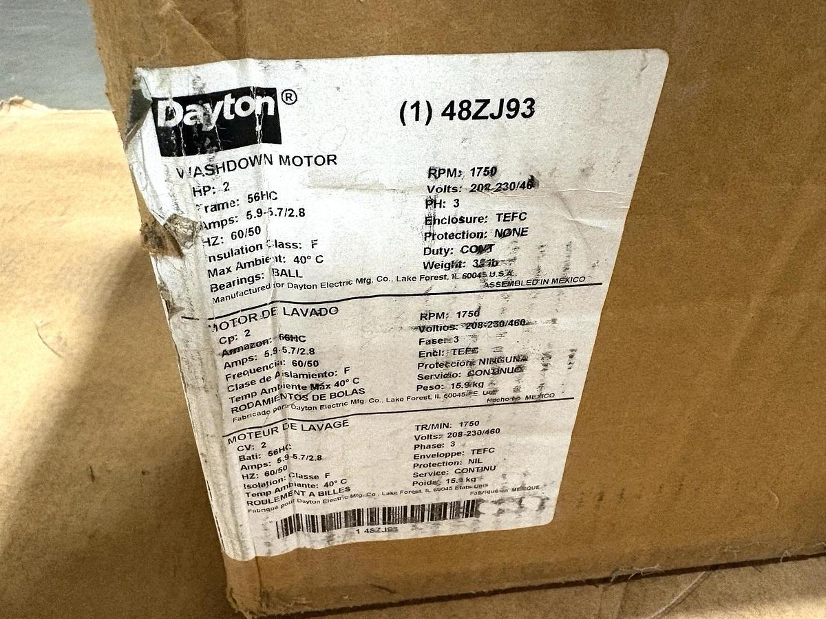 New Dayton 48ZJ93 2HP TEFC Washdown Motor 230/460V 1750rpm 56HC Frame