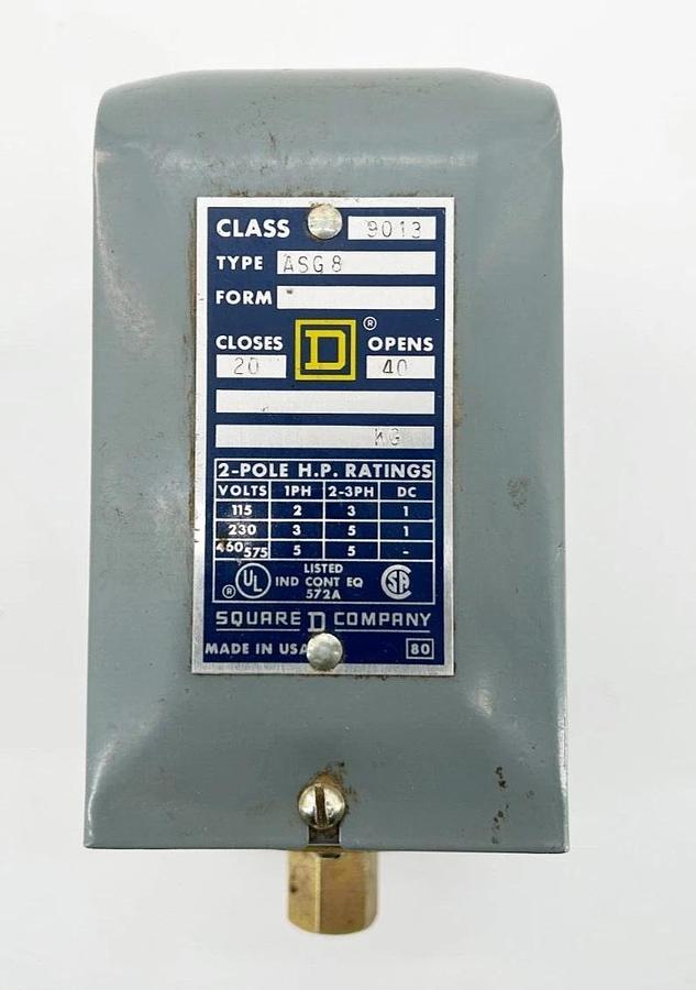 Used Square D 9013-ASG-8 Pressure Switch Close 80 Opens 100 2P 575V 3PH