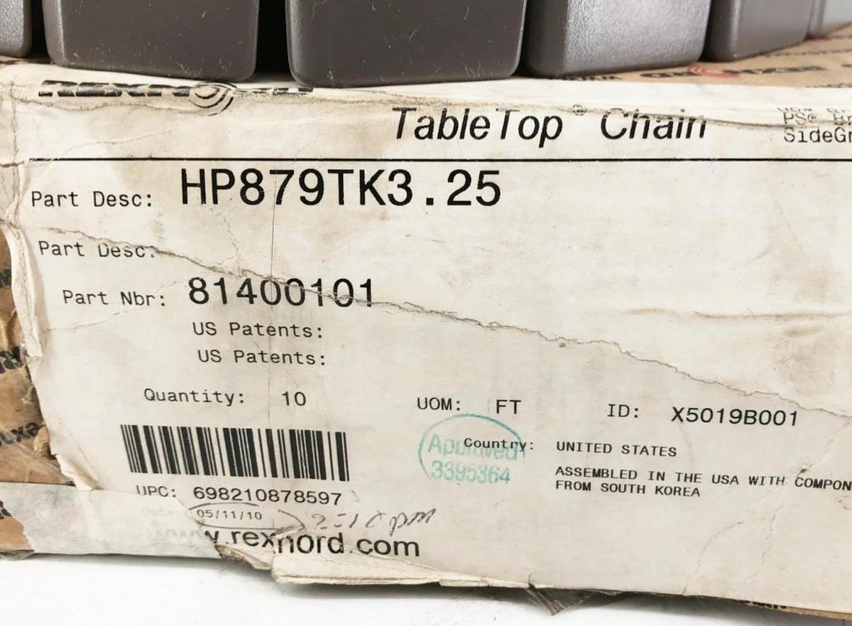 New Rexnord HP879TK3.25 TableTop Chain 10 FT. 81400101